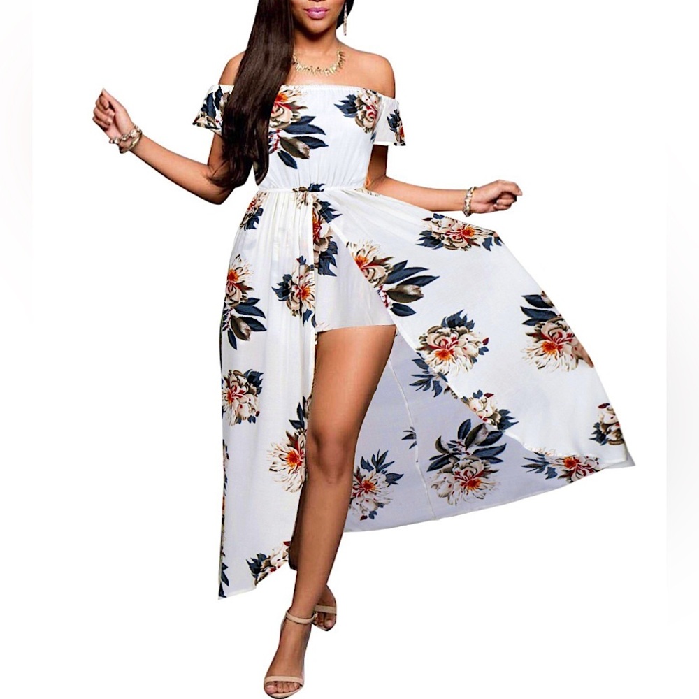 Off Shoulder Floral Maxi Romper Dress